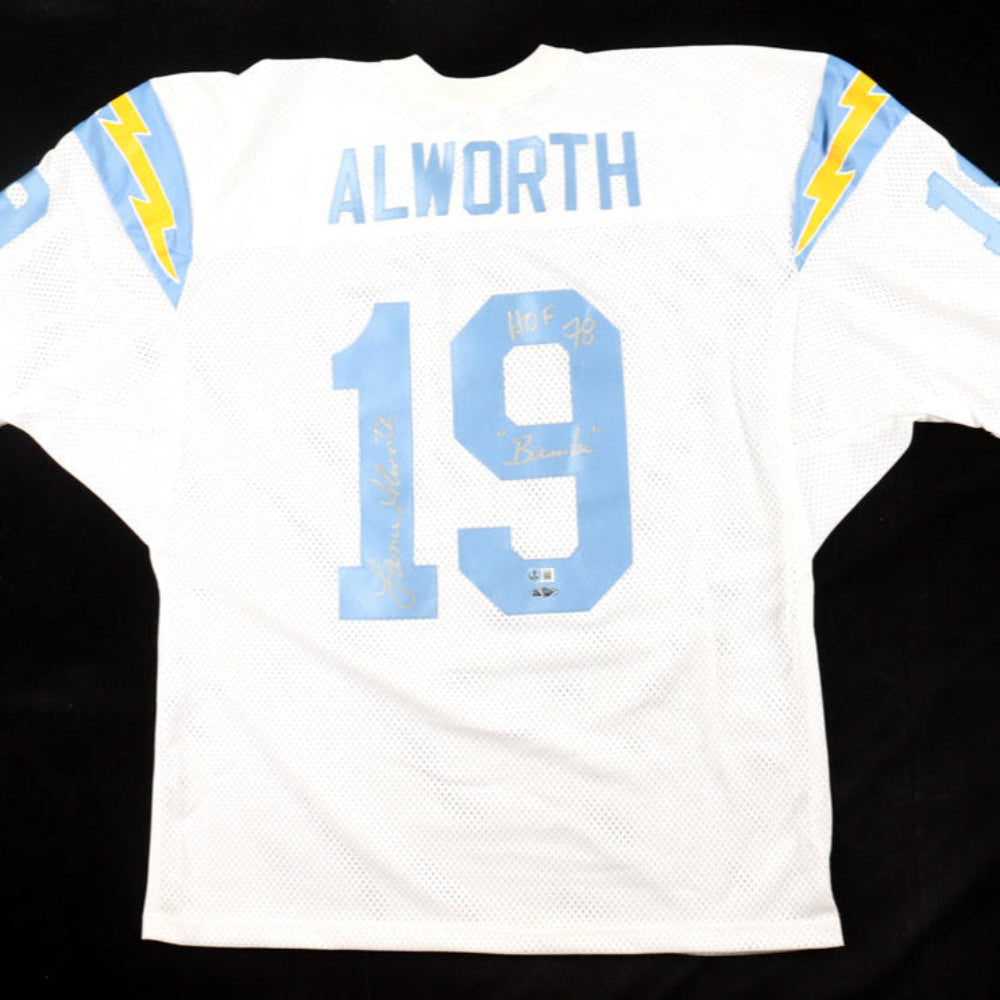 White sports jersey with 'Alworth' and number '19' on a black background