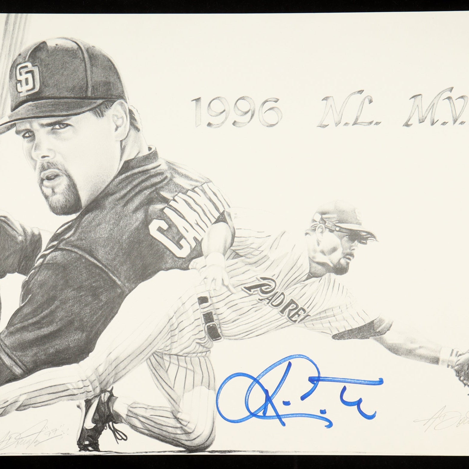 Baseball lithograph with a player in a San Diego Padres uniform  signed by Ken Caminiti.