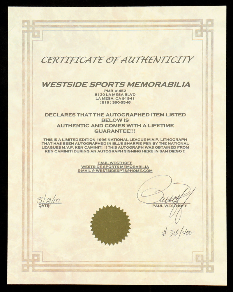 Ken Caminiti Signed 11x17 Lithograph (Beckett)