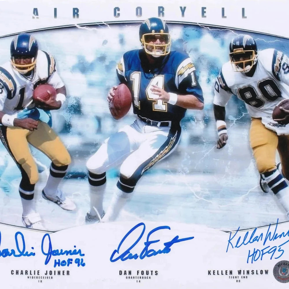 Dan Fouts, Charlie Joiner “HOF 96”, Kevin Winslow “HOF 95” Signed San Diego Chargers 8×10 Photo (Beckett Certified)