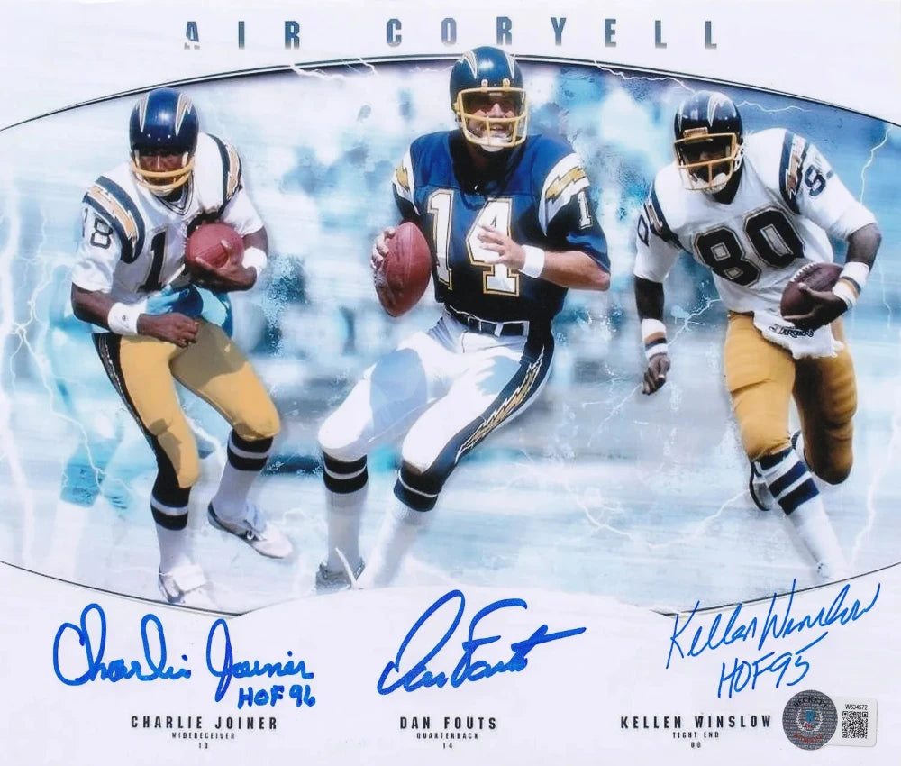 Dan Fouts, Charlie Joiner “HOF 96”, Kevin Winslow “HOF 95” Signed San Diego Chargers 8×10 Photo (Beckett Certified)