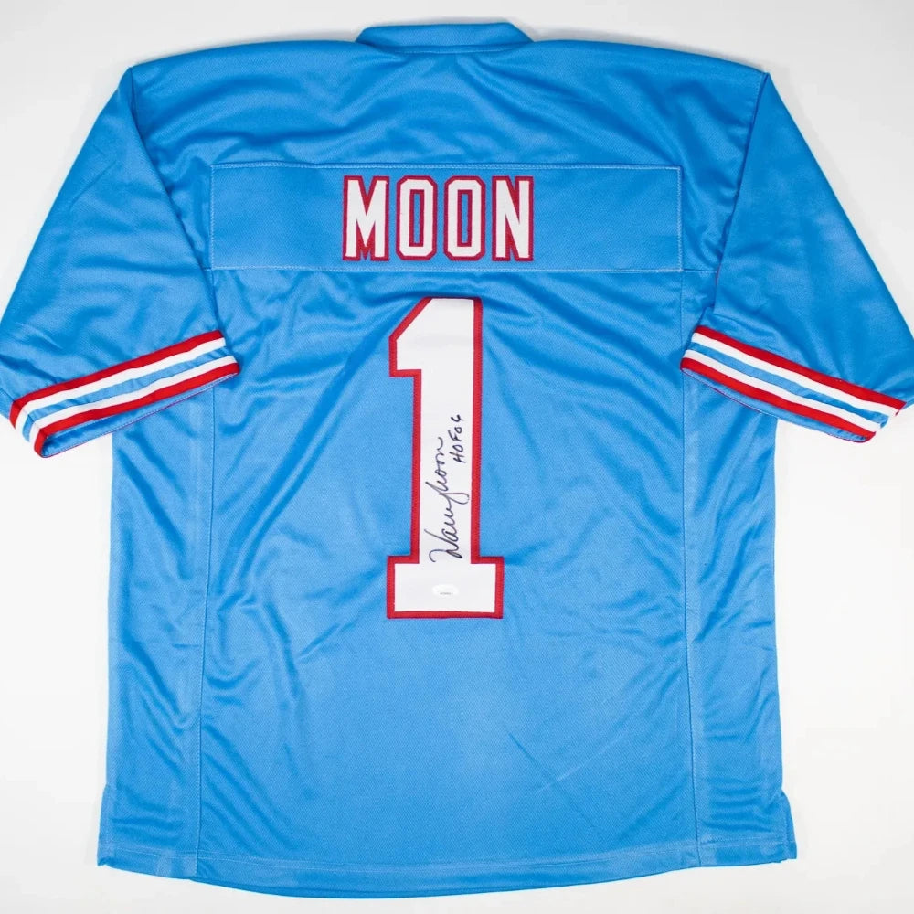 Warren Moon Signed Blue Throwback Jersey with "HOF 06" Inscription