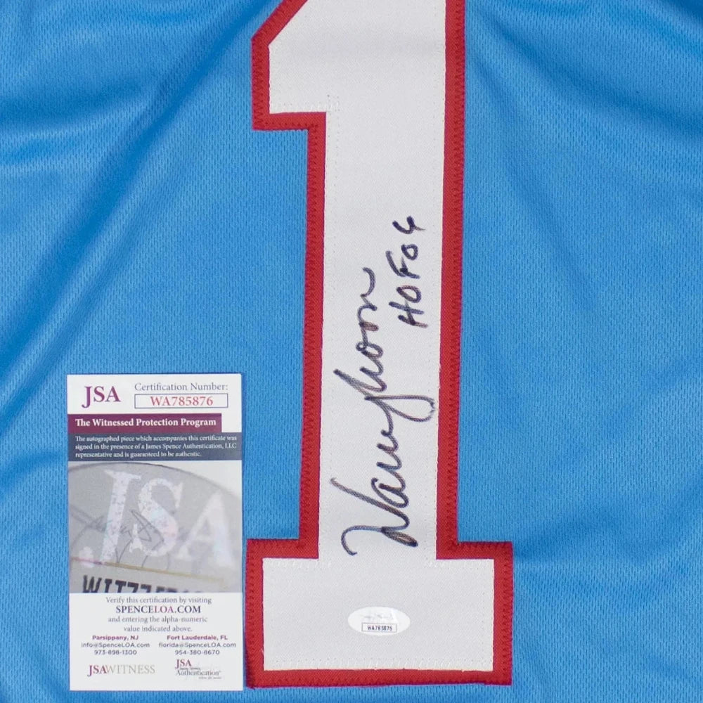 Warren Moon Signed Blue Throwback Jersey with "HOF 06" Inscription