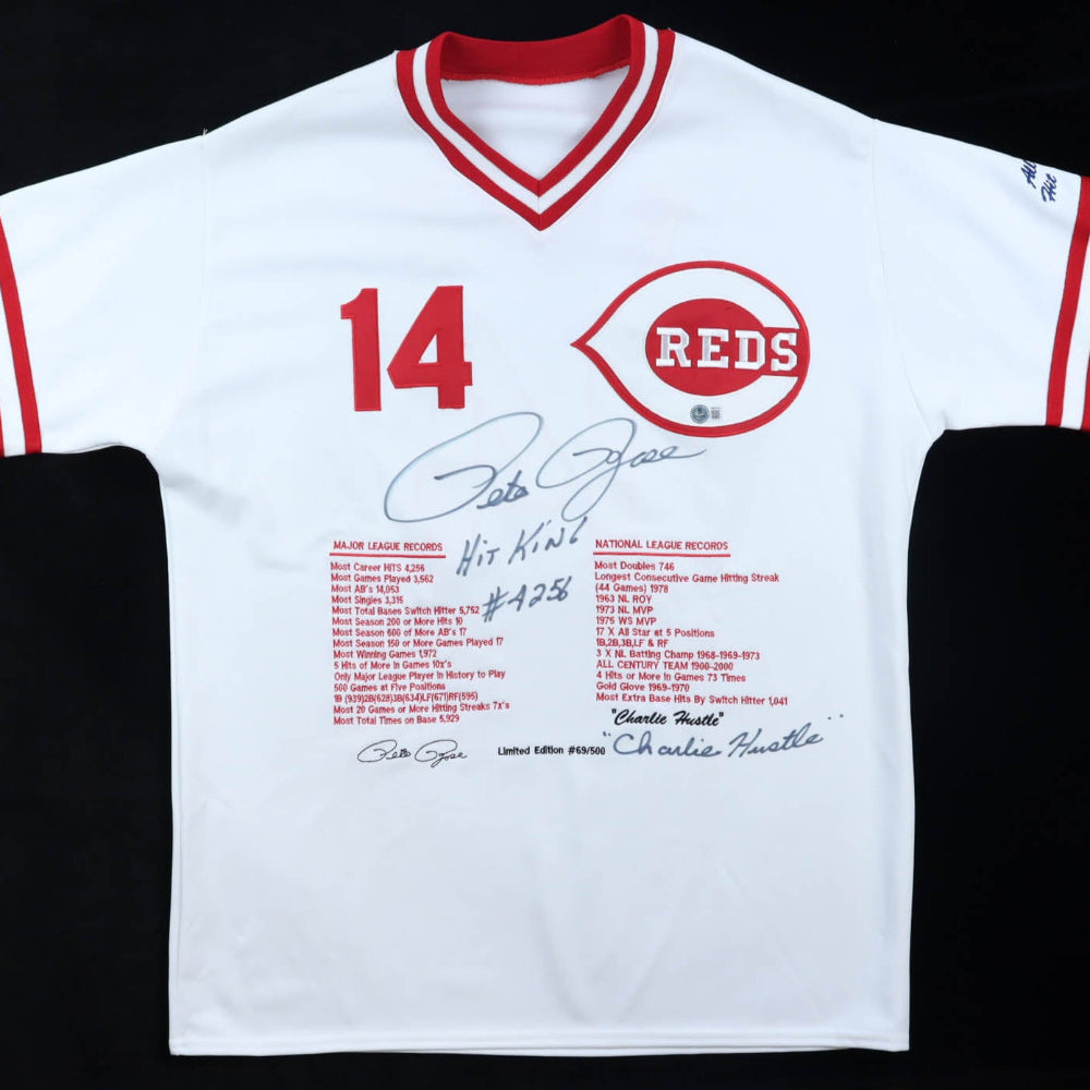 Pete Rose Signed Career Highlight Stat Jersey Inscribed "Hit King #4256" &amp; "Charlie Hustle" (Beckett)