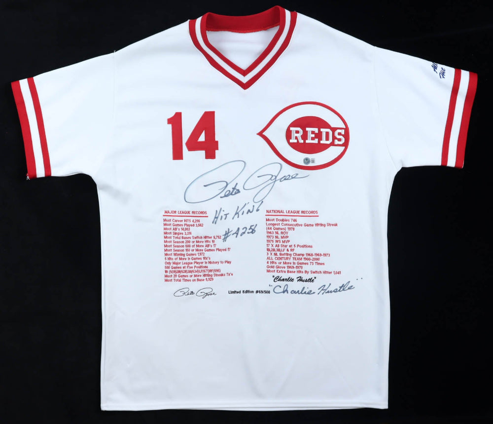 Pete Rose Signed Career Highlight Stat Jersey Inscribed "Hit King #4256" &amp; "Charlie Hustle" (Beckett)