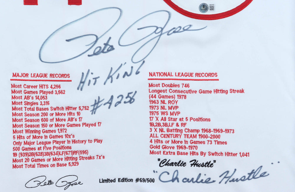 Pete Rose Signed Career Highlight Stat Jersey Inscribed "Hit King #4256" &amp; "Charlie Hustle" (Beckett)