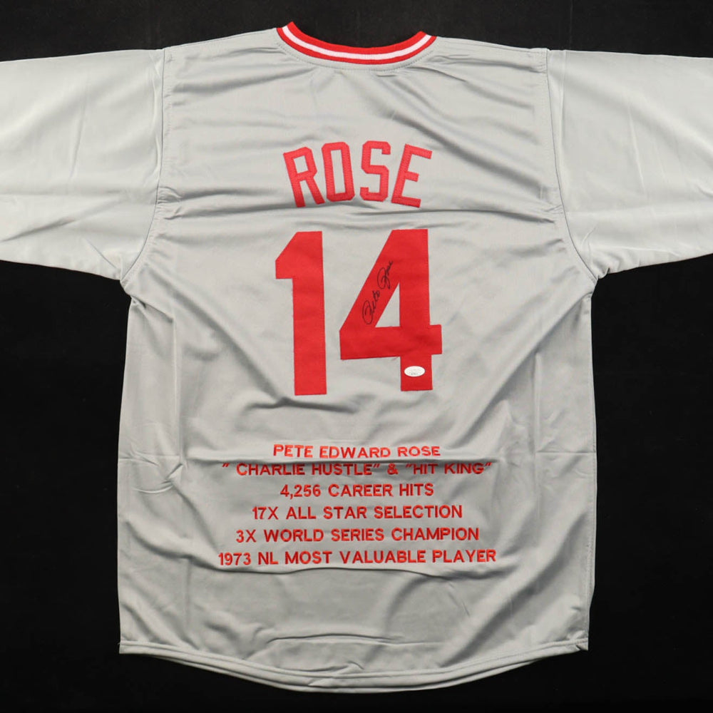 Pete Rose Signed Cincinnati Reds Career Stat Gray Jersey (JSA COA)