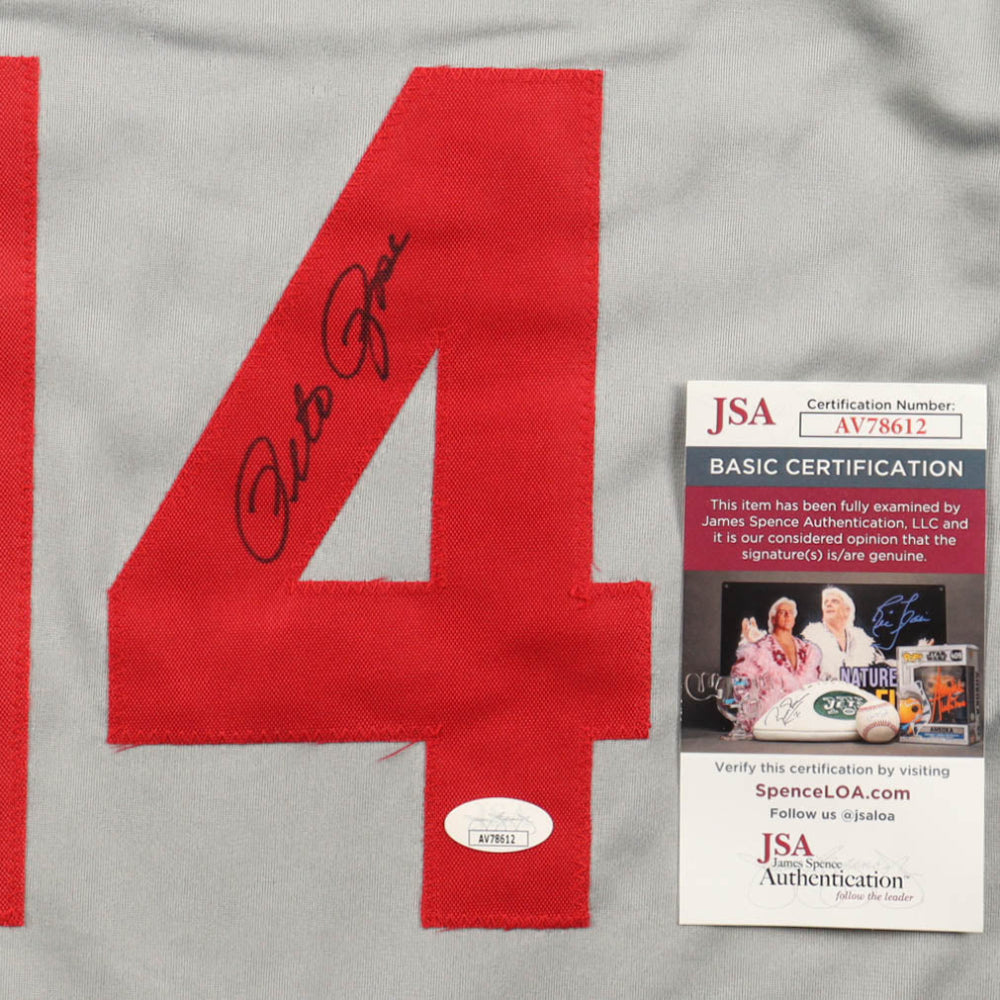 Pete Rose Signed Cincinnati Reds Career Stat Gray Jersey (JSA COA)