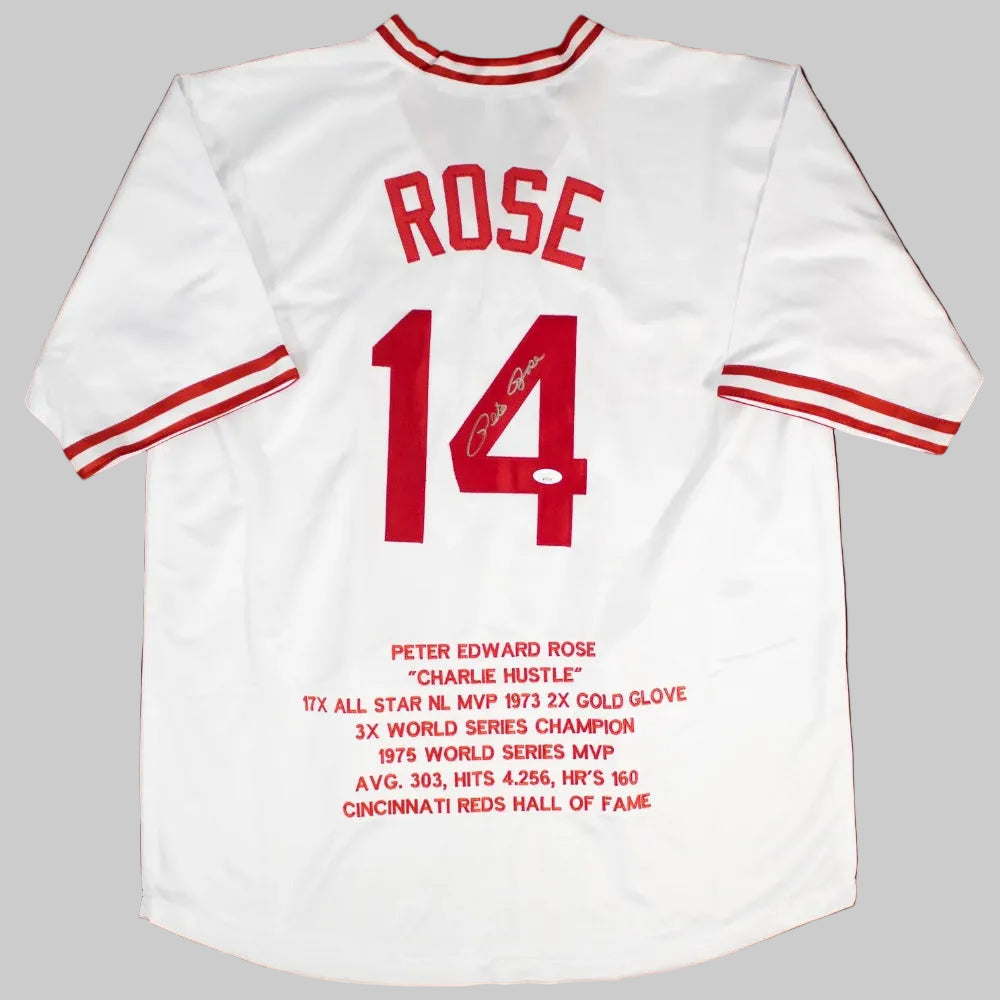 Pete Rose Signed Cincinnati Reds Stat Jersey (JSA COA)
