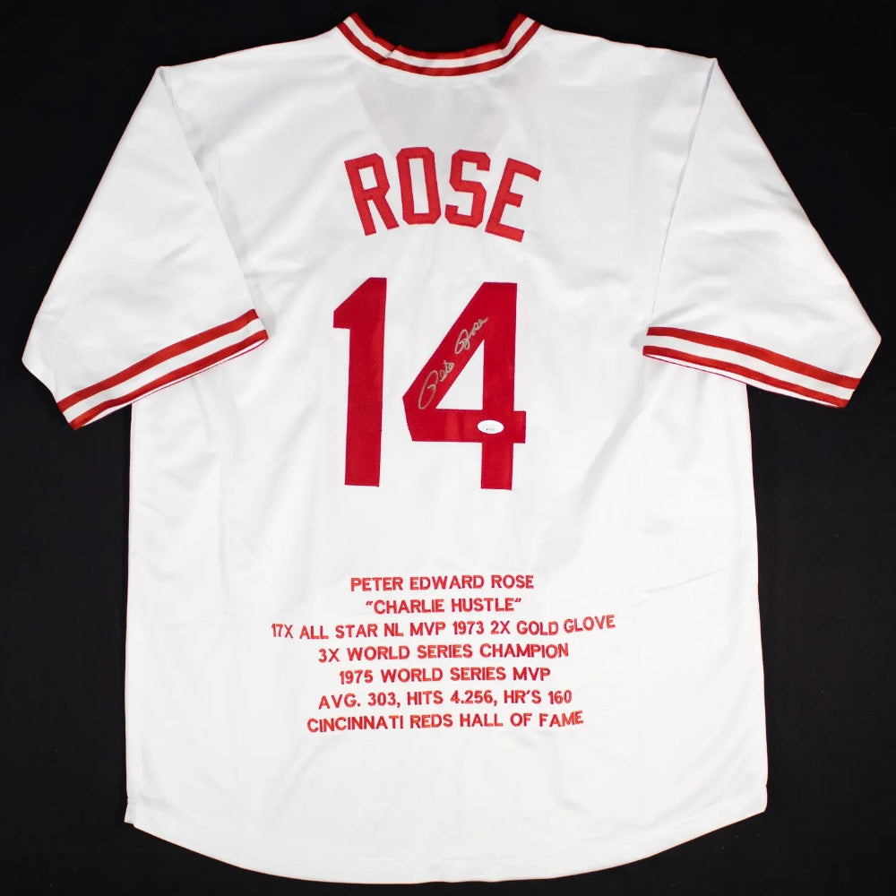 Pete Rose Signed Cincinnati Reds Stat Jersey (JSA COA)