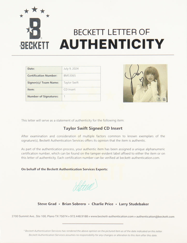 Taylor Swift Signed with &quot;Heart&quot; Framed &quot;The Tortured Poets Department&quot; CD Album Insert Display With Disc (Beckett LOA)