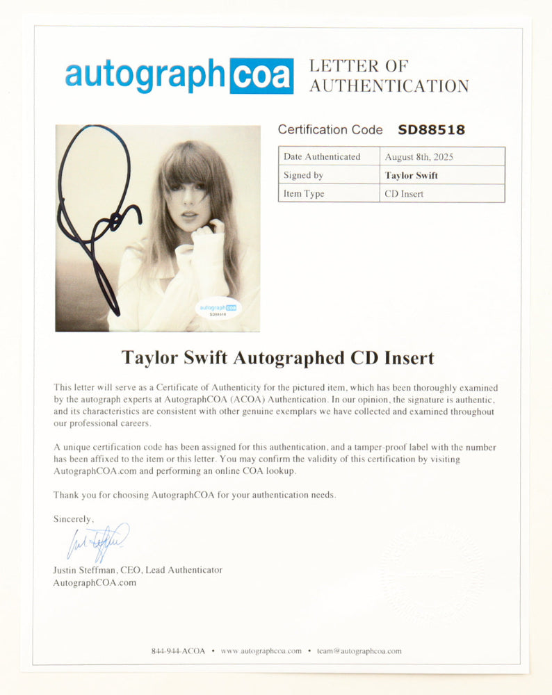 Taylor Swift Signed "The Tortured Poets Department" CD Album Insert Black Display With Disc (ACOA)