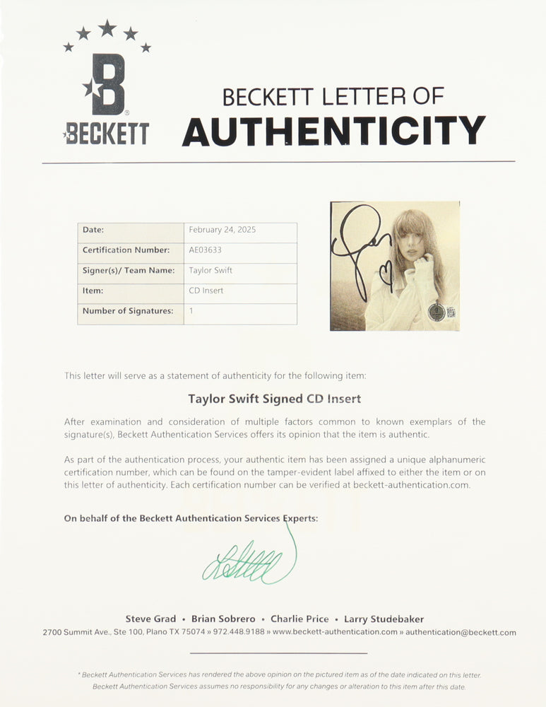 Taylor Swift Signed with a &quot;Heart&quot; Framed &quot;The Tortured Poets Department&quot; CD Album Insert Display With Disc (Beckett)(9)