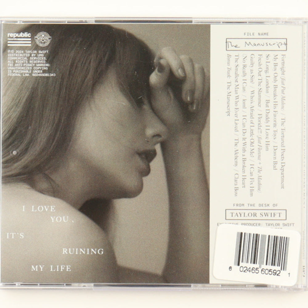 Taylor Swift Signed with a &quot;Heart&quot; &quot;The Tortured Poets Department&quot; CD Insert With Case &amp; Disc (Beckett LOA)