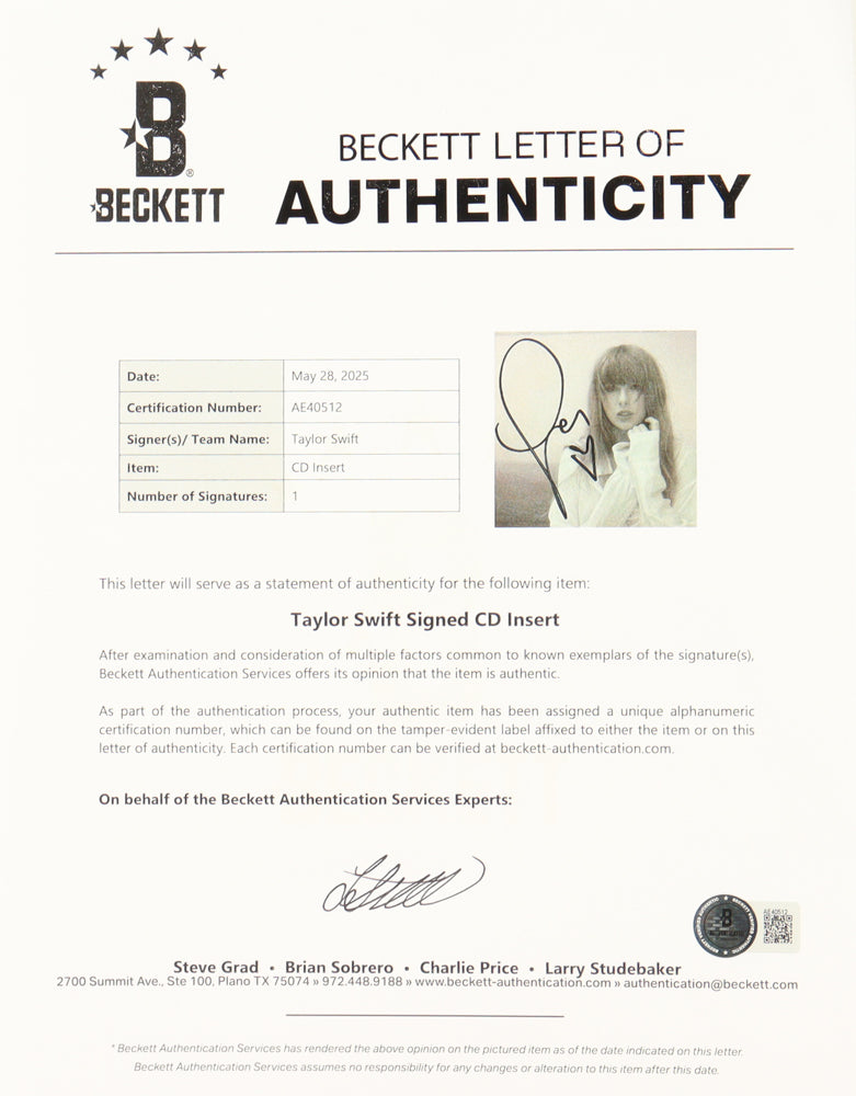 Taylor Swift Signed with a &quot;Heart&quot; &quot;The Tortured Poets Department&quot; CD Insert With Case &amp; Disc (Beckett LOA)