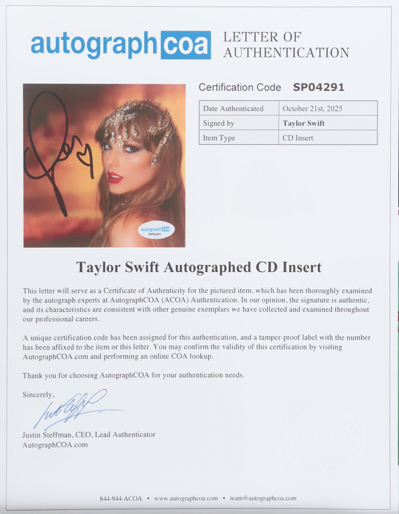 Taylor Swift Signed with a "Heart" "The Life of a Showgirl" Framed CD Album Insert Display with Disc (ACOA)