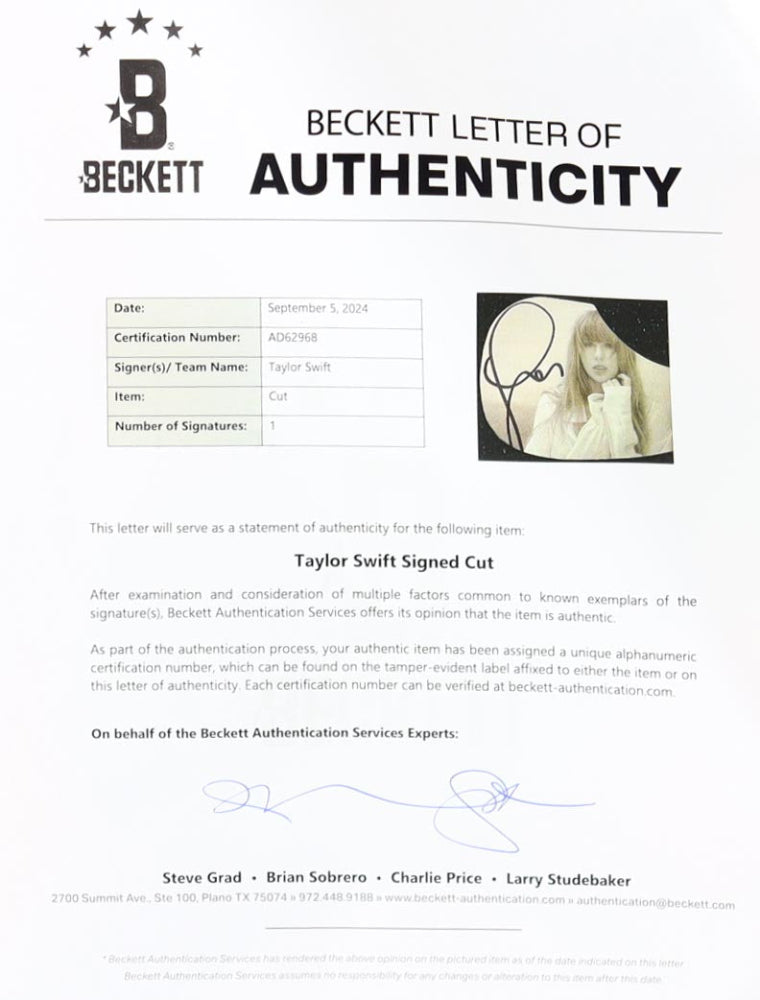 Beckett Letter of Authenticity for Taylor Swift signed cut, featuring a photo of Taylor Swift.