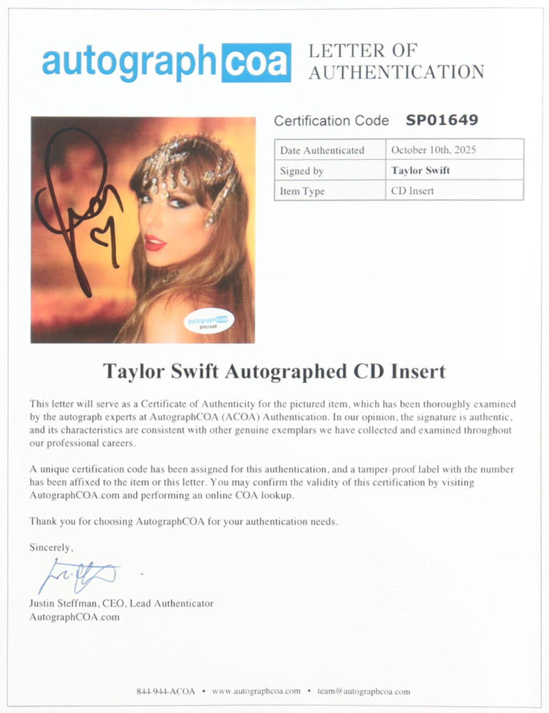 Taylor Swift Signed &quot;The Life of a Showgirl&quot; Framed CD Insert Display (ACOA)