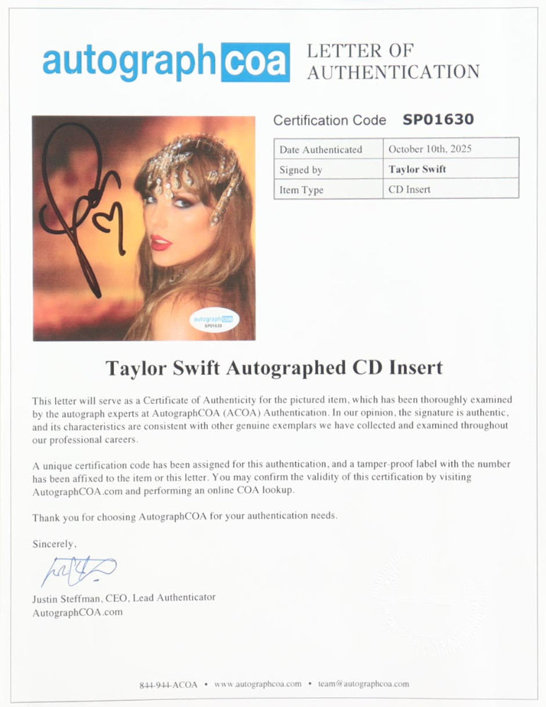 Taylor Swift Signed &quot;The Life of a Showgirl&quot; Framed CD Insert Display Red(ACOA)