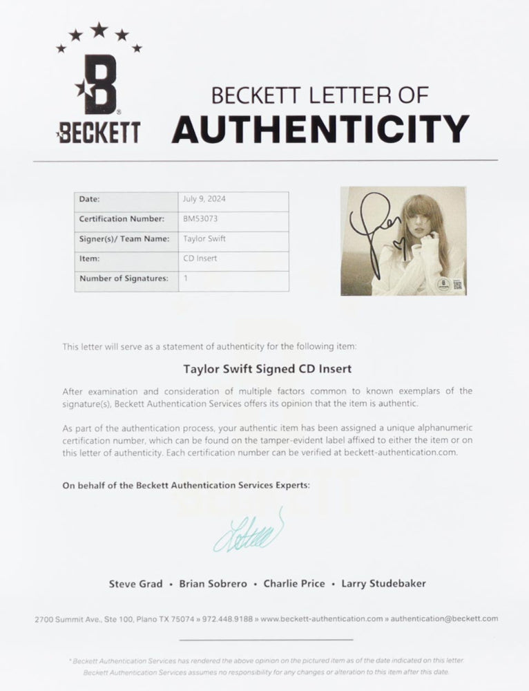Taylor Swift Signed with a "Heart" "Tortured Poets Department" CD Insert Display with Disc (Beckett)