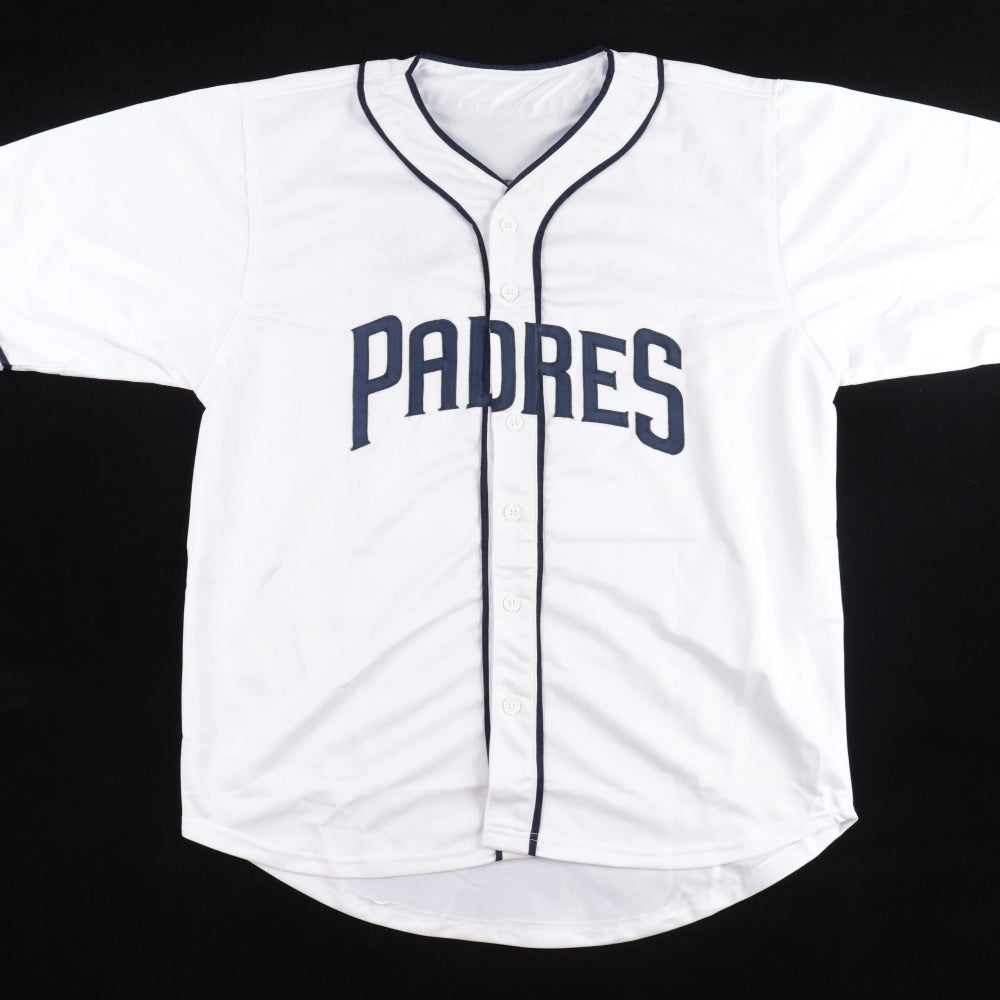 White baseball jersey with 'Padres' text on a black background