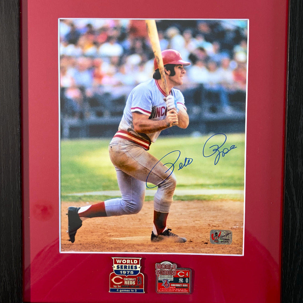 Pete Rose Signed Reds Framed Photo Display with 1975 &amp; 1976 World Series Pins (Rose)