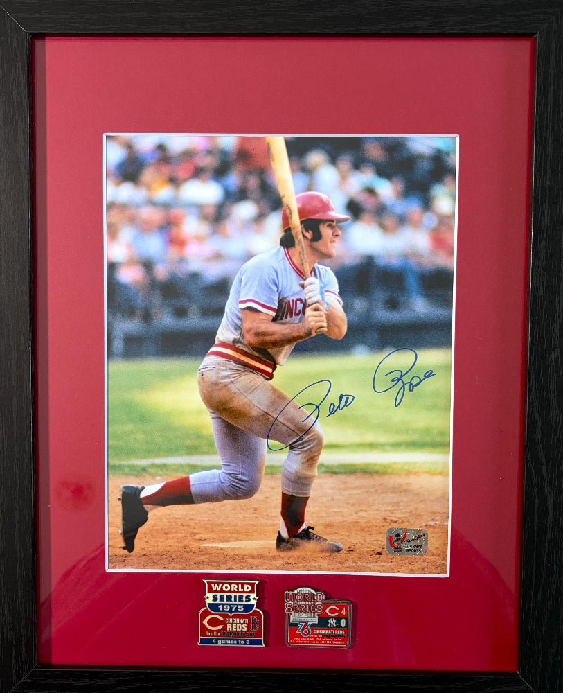 Pete Rose Signed Reds Framed Photo Display with 1975 &amp; 1976 World Series Pins (Rose)