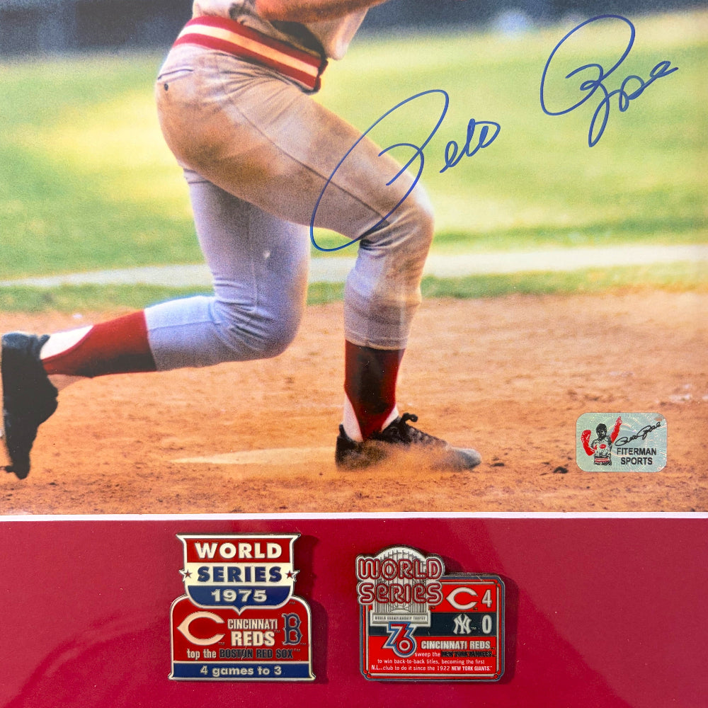 Pete Rose Signed Reds Framed Photo Display with 1975 &amp; 1976 World Series Pins (Rose)