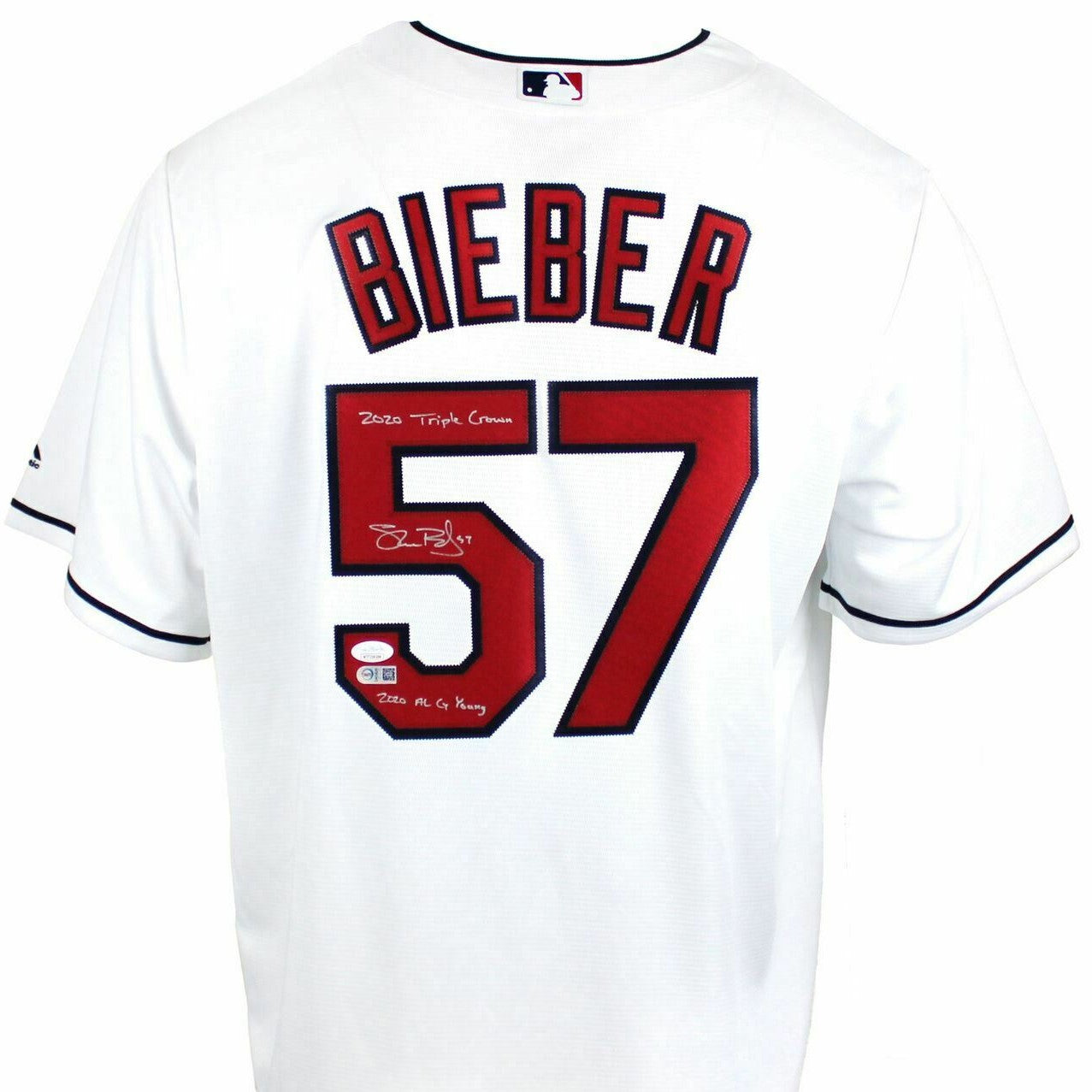 Shane Bieber "2020 Triple Crown" & "2020 AL Cy Young" Signed Cleveland Indians Majestic MLB Replica Jersey