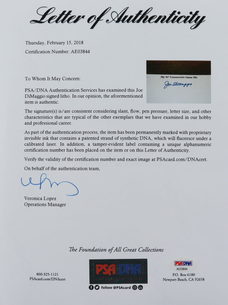 Joe DiMaggio Signed LE Yankees Framed Lithograph (PSA LOA)