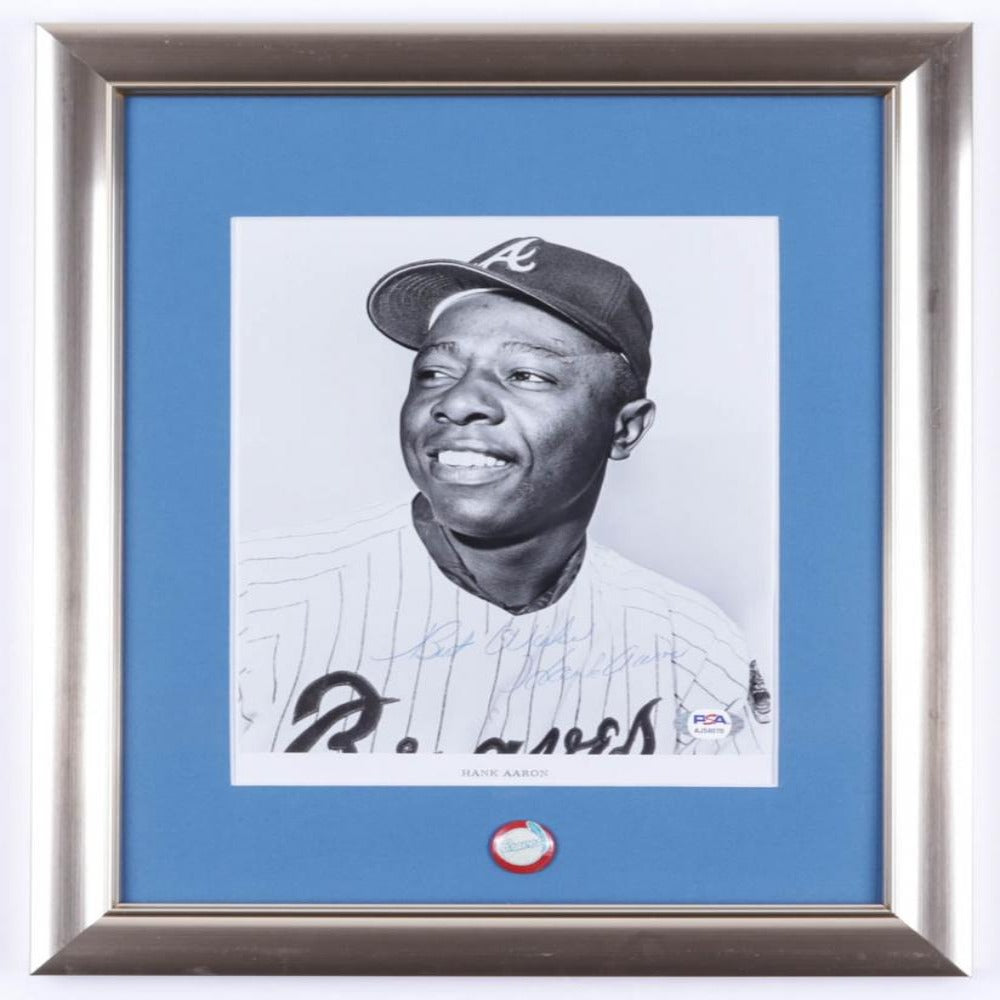 Hank Aaron Signed Braves 13x16 Custom Framed Photo Display With Vintage Lapel Pin (PSA COA)