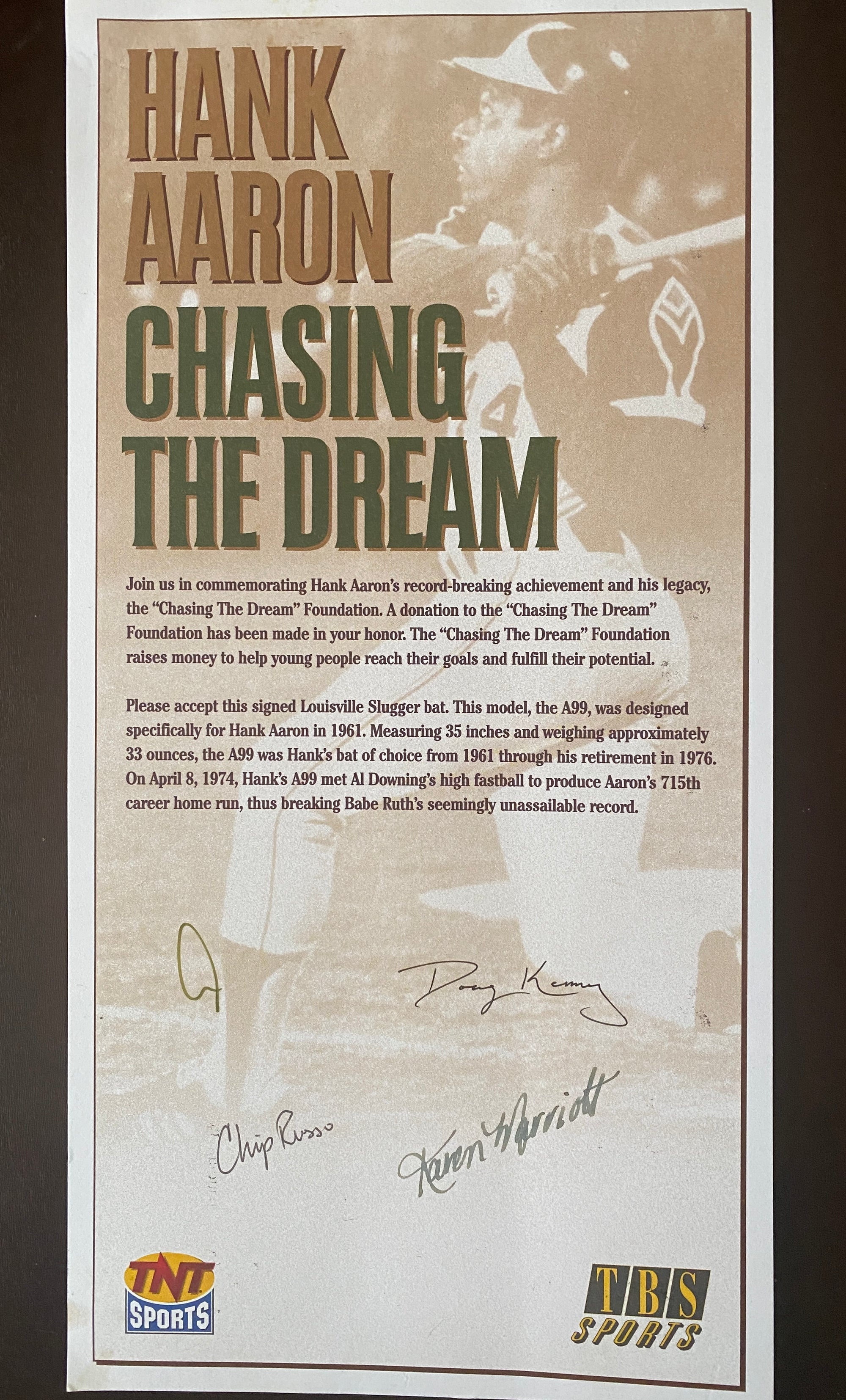 Hank Aaron signed H&amp;B Louisville Slugger baseball bat from 1971-1973 with Chasing The Dream Foundation COA