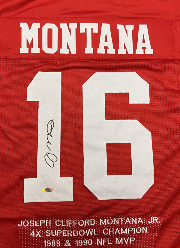 Joe Montana Signed San Francisco 49ers Career Stat Highlight Jersey (J –