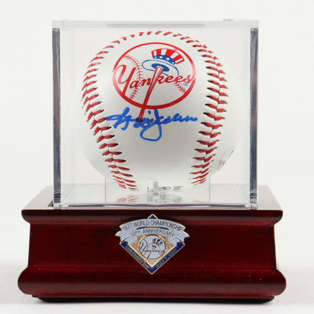Reggie Jackson Signed OL Yankees Logo Baseball with Display Case (PSA)
