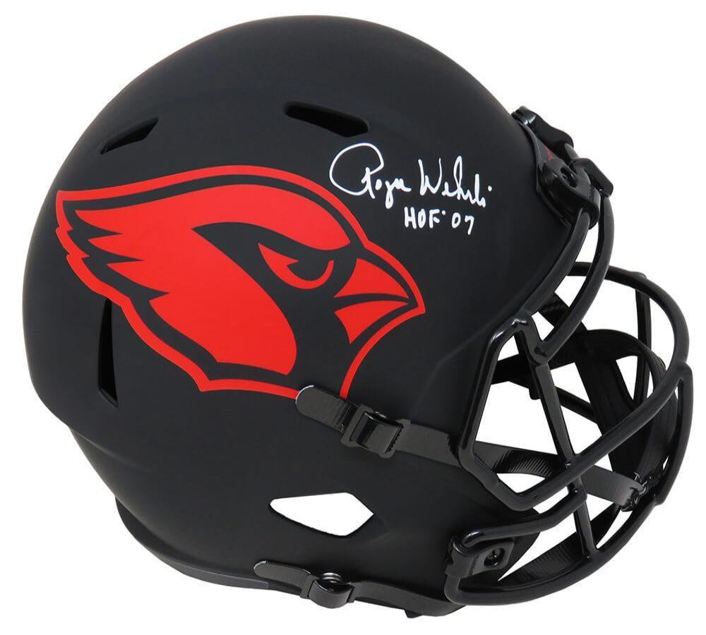 Roger Wehrli signed Cardinals Eclipse black matte Riddell full size speed replica helmet with 'HOF 07' inscription.