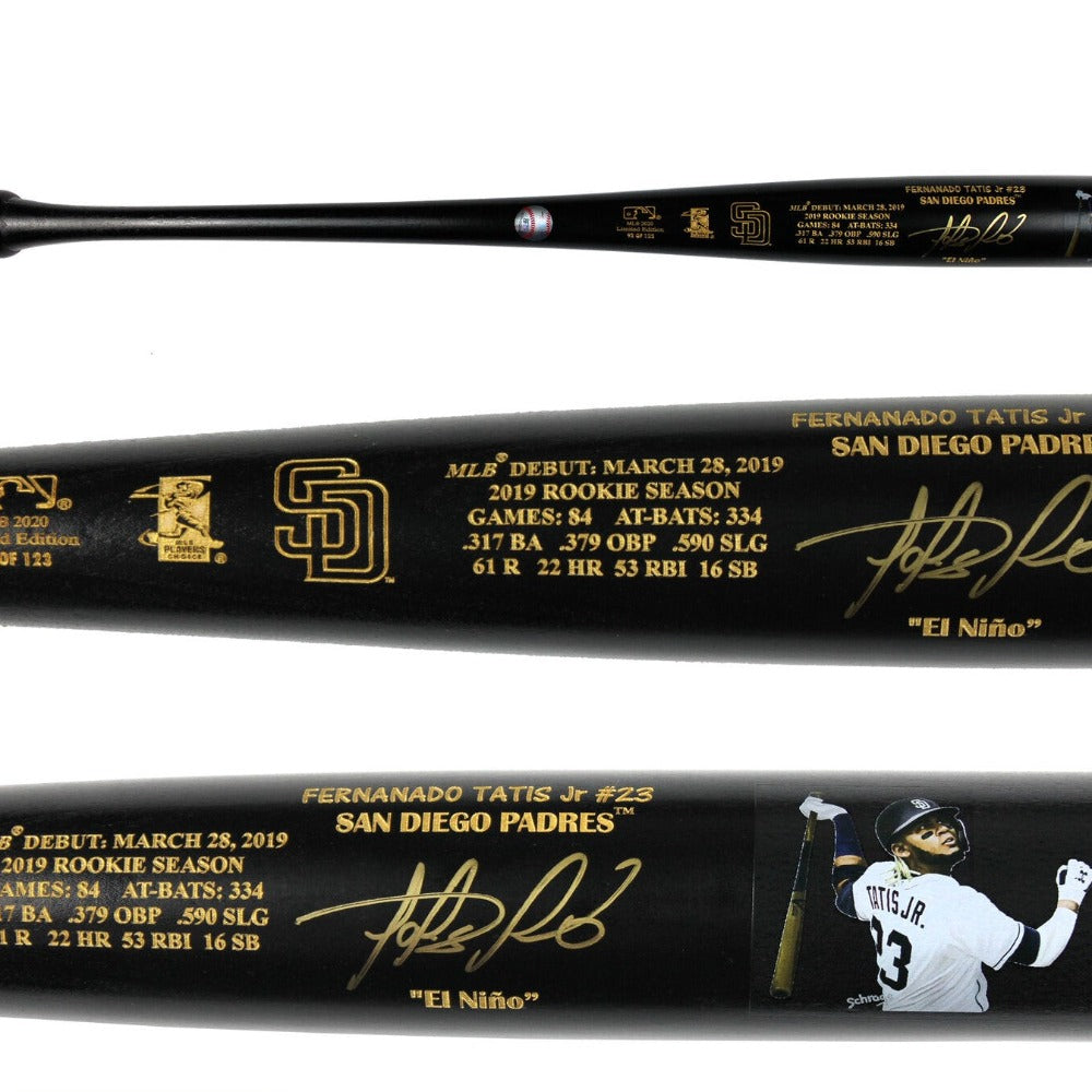 Fernando Tatis Jr. Padres Signed 2019 Rookie Season Stat Black Bat (JSA COA)