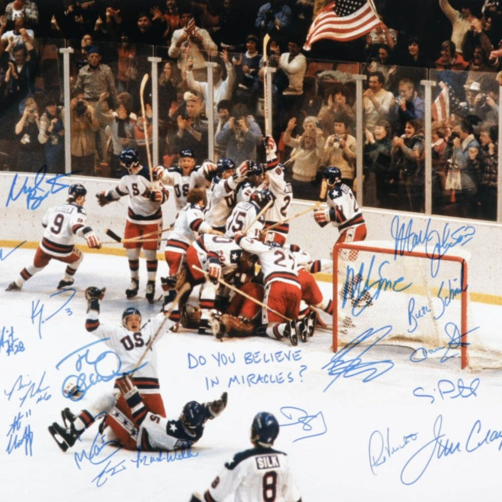 1980 Team USA "Miracle on Ice" 20x24 Photo Team-Signed by (19) with Jim Craig, Mike Eruzione, Dave Silk, Ken Morrow Inscribed "Do You Believe In Miracles" (Beckett)